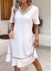 Embroidery White A Line Short Sleeve V Neck Dress