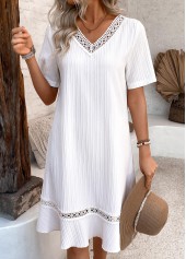Embroidery White A Line Short Sleeve V Neck Dress