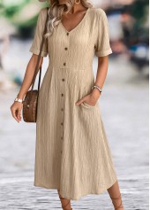 Light Coffee A Line Short Sleeve V Neck Dress