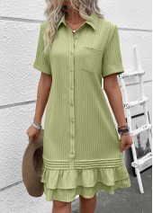 Button Sage Green A Line Short Sleeve Dress
