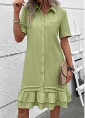 Button Sage Green A Line Short Sleeve Dress