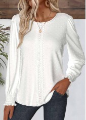 Embroidery White Long Sleeve Round Neck Blouse