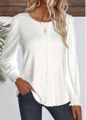 Embroidery White Long Sleeve Round Neck Blouse