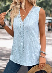 Embroidery Light Blue Sleeveless V Neck Tank Top