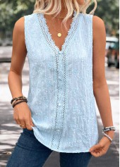 Embroidery Light Blue Sleeveless V Neck Tank Top