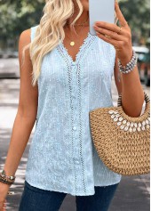 Embroidery Light Blue Sleeveless V Neck Tank Top