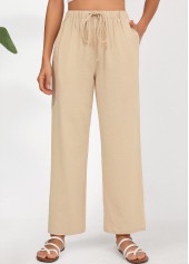 Light Camel Straight Leg Elastic Waist Drawstring Pants