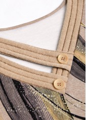 Plus Size Light Camel Button Geometric Print T Shirt