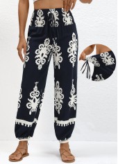 Tribal Print Smocked Navy Jogger Elastic Waist Pants