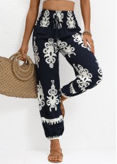 Tribal Print Smocked Navy Jogger Elastic Waist Pants