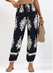 Tribal Print Smocked Navy Jogger Elastic Waist Pants