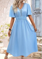 Embroidery Light Blue Short Sleeve V Neck Dress
