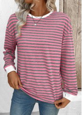 Striped Pink Long Sleeve Round Neck T Shirt