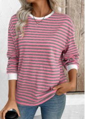 Striped Pink Long Sleeve Round Neck T Shirt