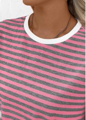Striped Pink Long Sleeve Round Neck T Shirt