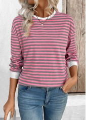 Striped Pink Long Sleeve Round Neck T Shirt