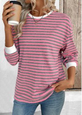 Striped Pink Long Sleeve Round Neck T Shirt