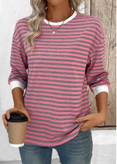 Striped Pink Long Sleeve Round Neck T Shirt