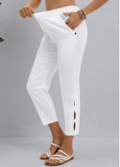 Button White Elastic Waist High Waisted Pants