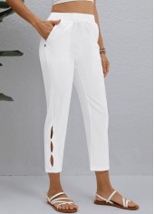 Button White Elastic Waist High Waisted Pants
