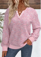 Dazzle Colorful Print Button Light Pink Long Sleeve Sweatshirt