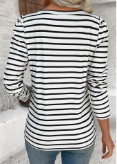 Striped White Long Sleeve Round Neck T Shirt