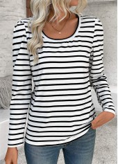 Striped White Long Sleeve Round Neck T Shirt