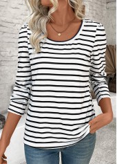 Striped White Long Sleeve Round Neck T Shirt