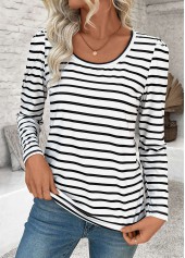 Striped White Long Sleeve Round Neck T Shirt