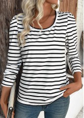 Striped White Long Sleeve Round Neck T Shirt