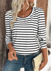 Striped White Long Sleeve Round Neck T Shirt