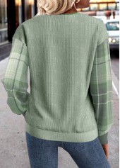 Plaid Button Green Long Sleeve Split Neck Sweatshirt