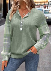 Plaid Button Green Long Sleeve Split Neck Sweatshirt