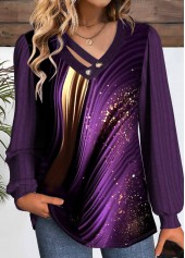 Ombre Button Purple Long Sleeve V Neck T Shirt