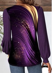 Ombre Button Purple Long Sleeve V Neck T Shirt