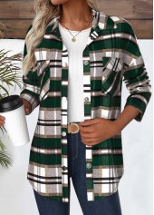 Plaid Snap Button Green Long Sleeve Coat