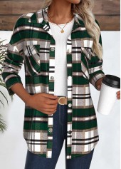 Plaid Snap Button Green Long Sleeve Coat