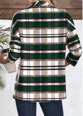 Plaid Snap Button Green Long Sleeve Coat