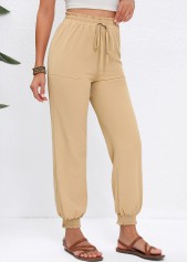 Light Camel Jogger Elastic Waist High Waisted Drawstring Pants