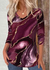 Marble Print Cut Out Dark Reddish Purple T Shirt