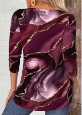 Marble Print Cut Out Dark Reddish Purple T Shirt