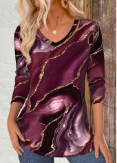 Marble Print Cut Out Dark Reddish Purple T Shirt