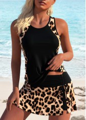 Leopard Ruched Detail Black Tankini Set