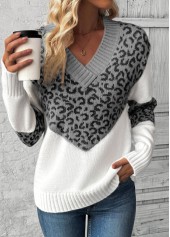 Leopard Patchwork Grey Long Sleeve V Neck Sweater