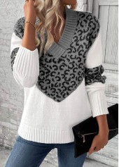 Leopard Patchwork Grey Long Sleeve V Neck Sweater