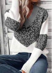 Leopard Patchwork Grey Long Sleeve V Neck Sweater