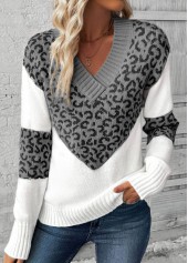 Leopard Patchwork Grey Long Sleeve V Neck Sweater