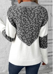 Leopard Patchwork Grey Long Sleeve V Neck Sweater