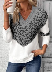 Leopard Patchwork Grey Long Sleeve V Neck Sweater
