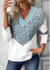 Leopard Patchwork Light Blue Long Sleeve V Neck Sweater